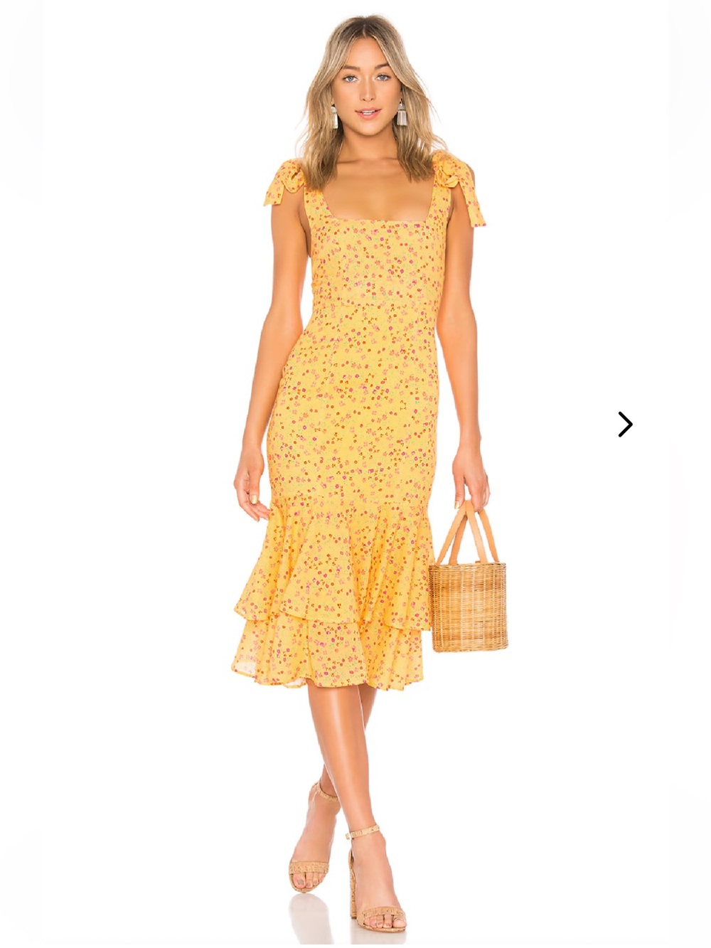Lovers + Friends Yellow Floral Tiered Midi Dress Medium
